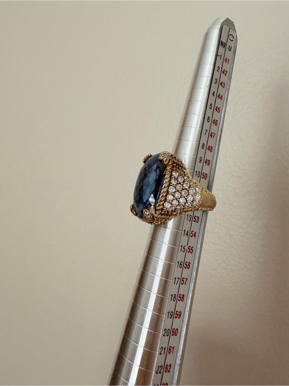 RARE Judith Ripka 925 Gold-Tone Ring with Deep Blue Cabochon and Pavé Accents - Picture 3 of 11